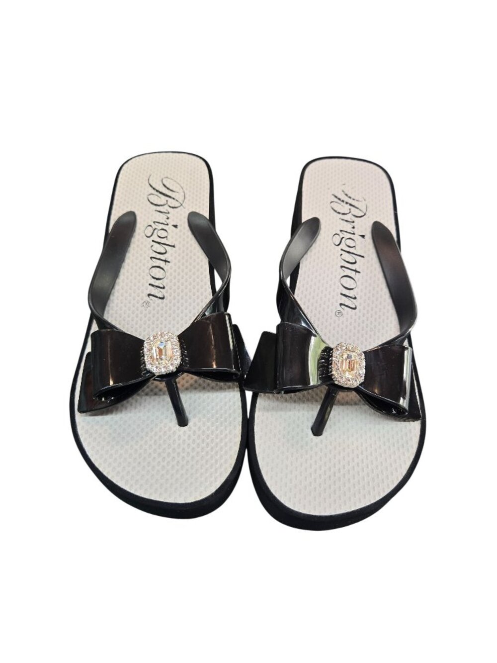 Brighton Bowie Wedge Flip Flops Black Polished Bow Crystal Rhinestone Size 9